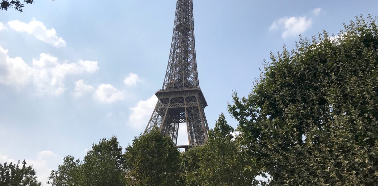 Der Eiffelturm vor blauem Himmel - im Vordergrund Bäume und gelbe Blumen