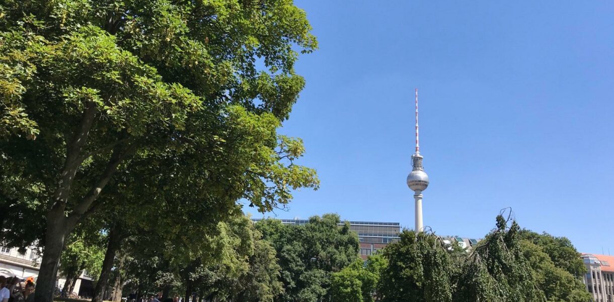 Menschen im Park auf braun-vertrocknetem Gras. Im Hintergrund der Berliner Fernsehurm und strahlend-blauer Himmel.