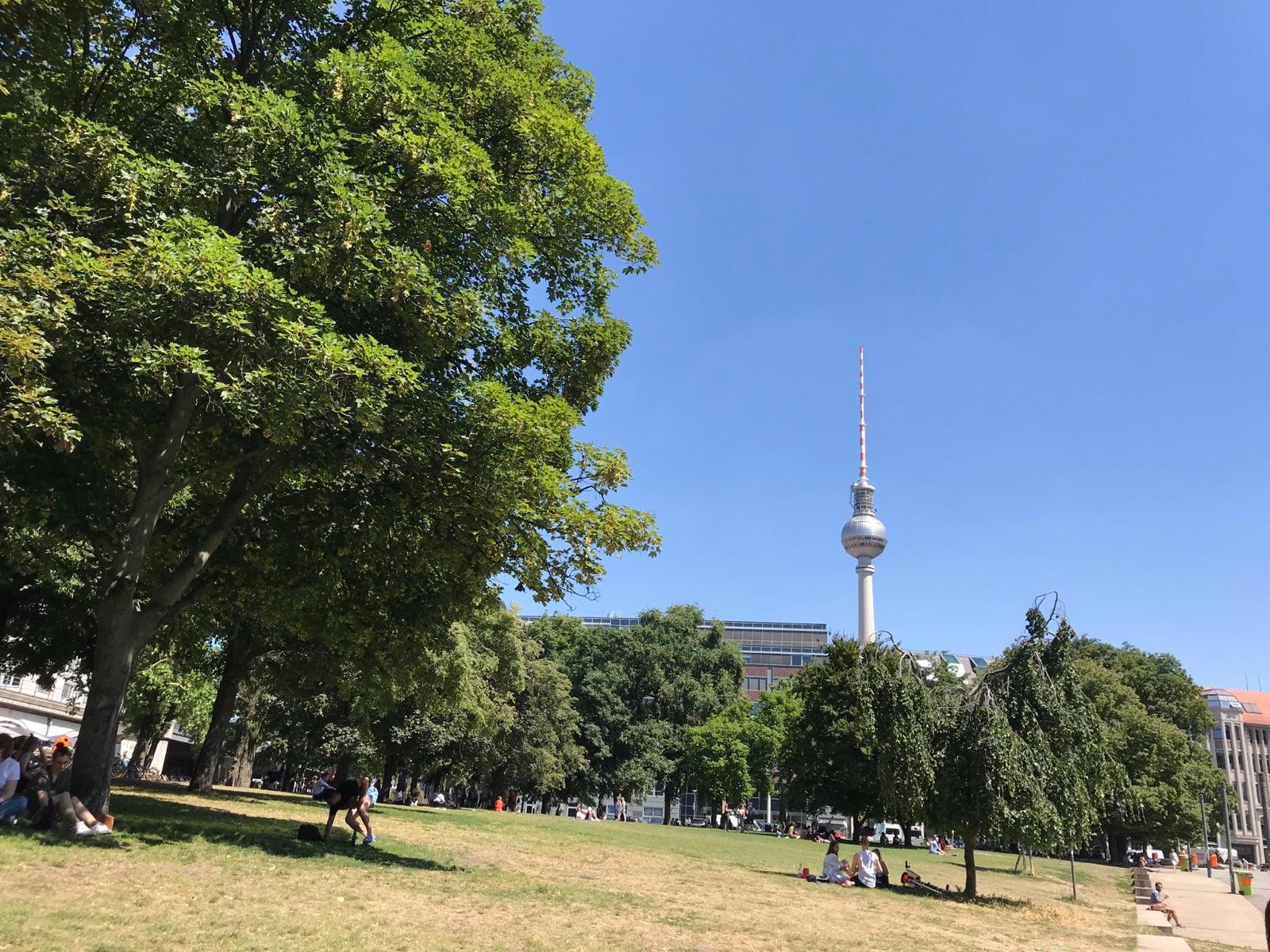 Menschen im Park auf braun-vertrocknetem Gras. Im Hintergrund der Berliner Fernsehurm und strahlend-blauer Himmel.